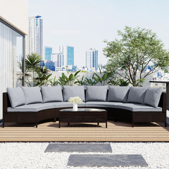 Whisen Pieces Outdoor PE Rattan Wicker Sofa Set, Patio Half-Moon Sofa Set with Tempered Glass Table