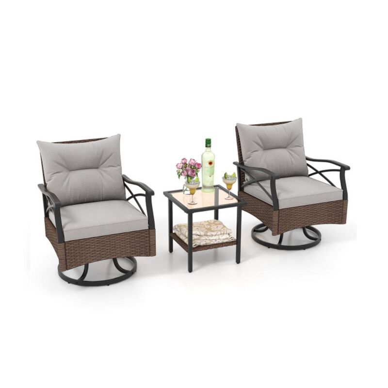 Hivvago 3 Pieces Outdoor Swivel Rocking Chairs Set with 2-Tier Tempered Glass Side Table