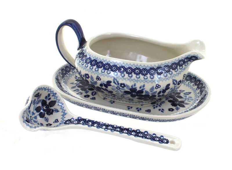 Blue Rose Polish Pottery Sage Floral Gravy Boat & Ladle