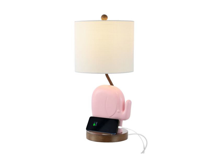 Ellie 20.25" Bohemian Designer Iron/Resin Elephant LED Kids' Table Lamp with Phone Stand and USB Charging Port, Pink