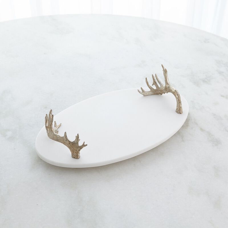 White Marble Platter with Silver Reindeer Antler Handles