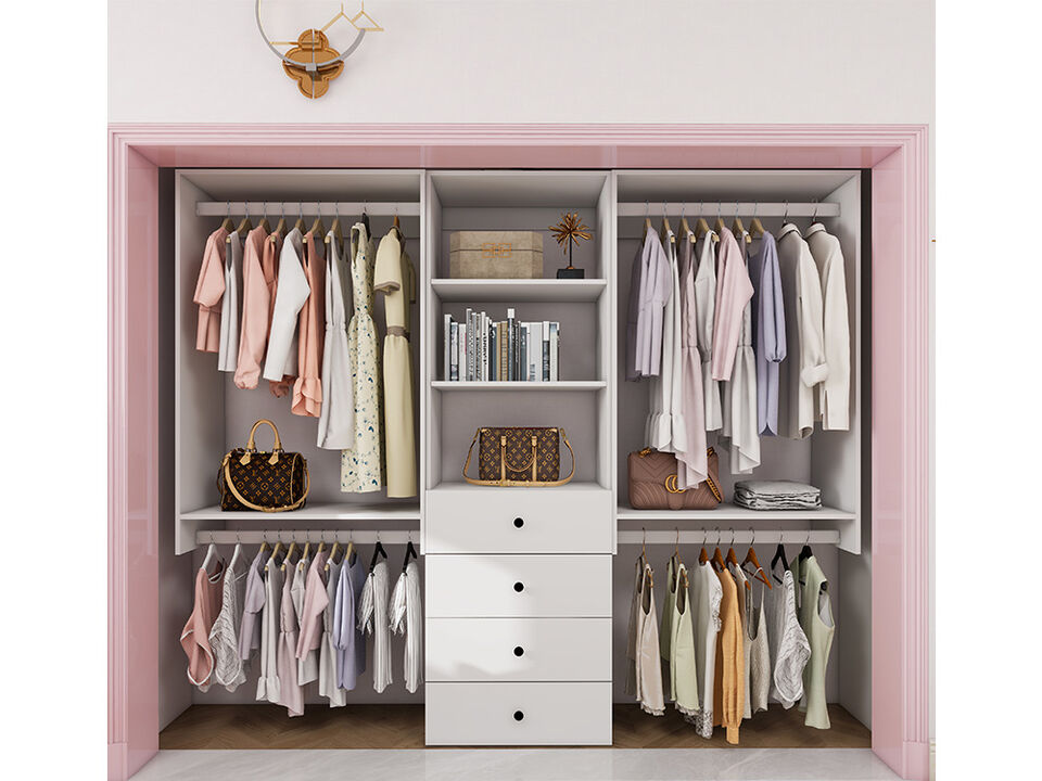 Tall Closet Organizer System, Closet System with 4 Drawers, 4  Clothing Racks， Walk in Closet Organizers and Storage with 3 Shelves Wall Mounted, White Wardrobe Closet for Bedroom