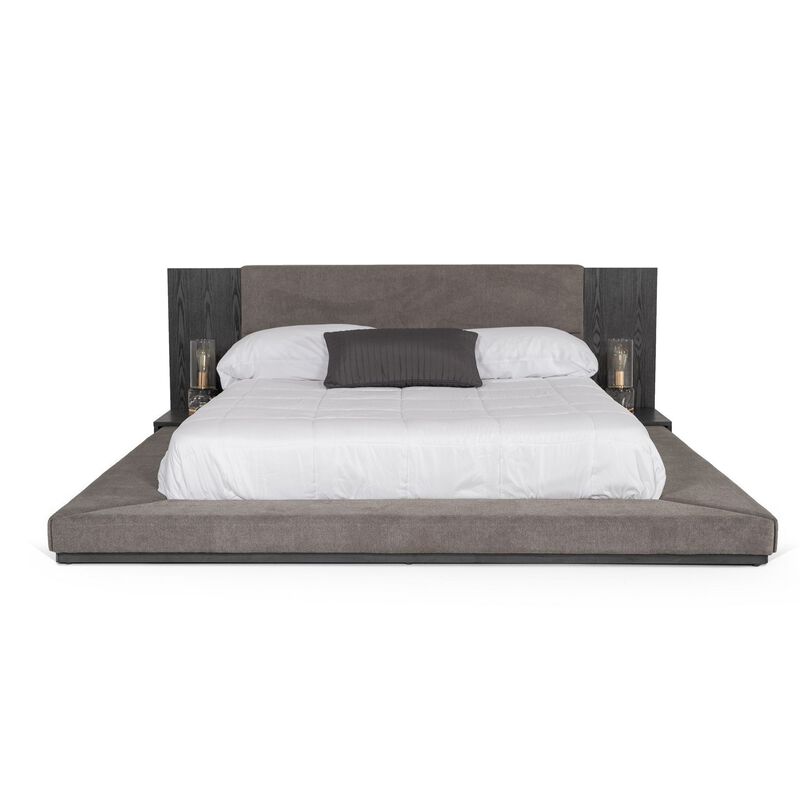 Noe Ruby Queen Bed with Built in Nightstands, Low Height, Gray Upholstery - Benzara