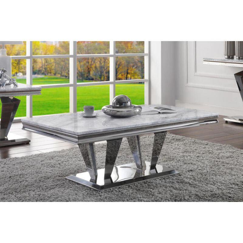 Satinka Coffee Table, Light Gray Printed Faux Marble & Mirrored Silver Finish