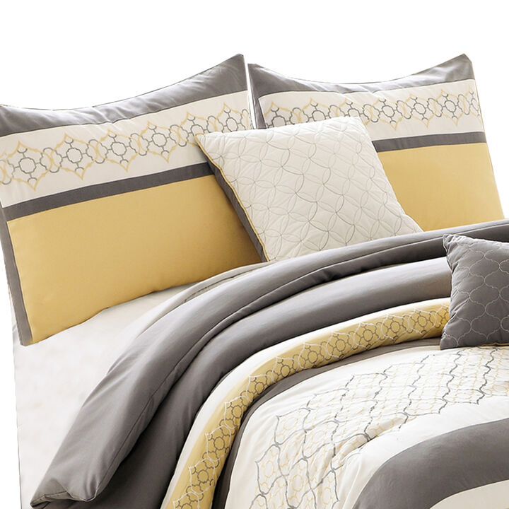 Quatrefoil Print Queen Size 7 Piece Fabric Comforter Set, Yellow and Gray - Benzara