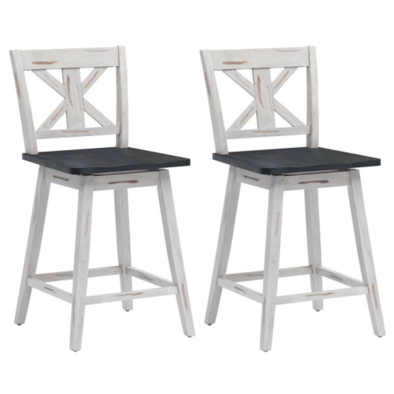 Set of 2 Swivel Counter Height Bar Stools with Solid Wood Legs