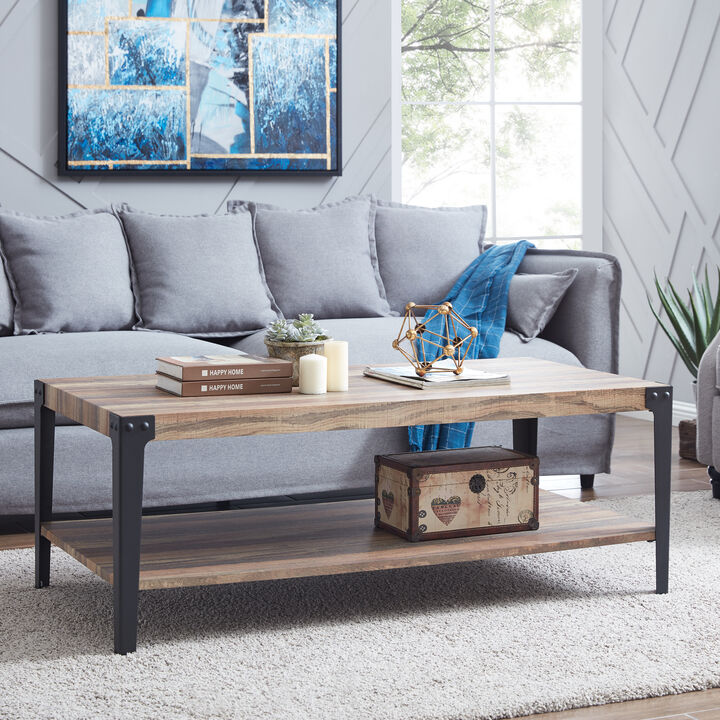 Modern Industrial Coffee Table in Distressed Wood Finish with Metal