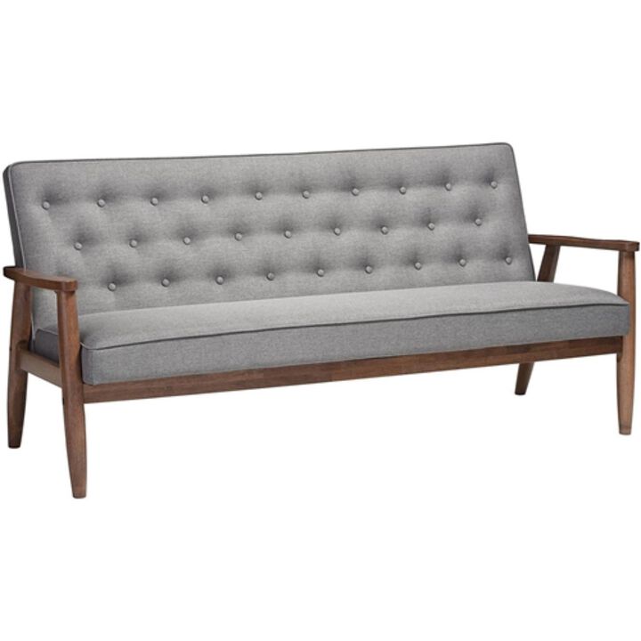 Modern Grey Button Tufted Upholstered Sofa with Dark Walnut Wood Finish Frame