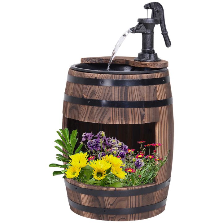 Outsunny 23" H Outdoor Water Fountain Wood and Metal Rustic Apple Barrel Pump Garden Decor for Outside Backyard