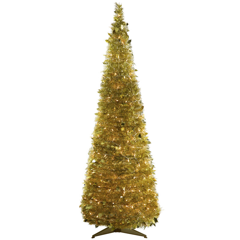 6' Pre-Lit Gold Tinsel Pop-Up Artificial Christmas Tree  Clear Lights