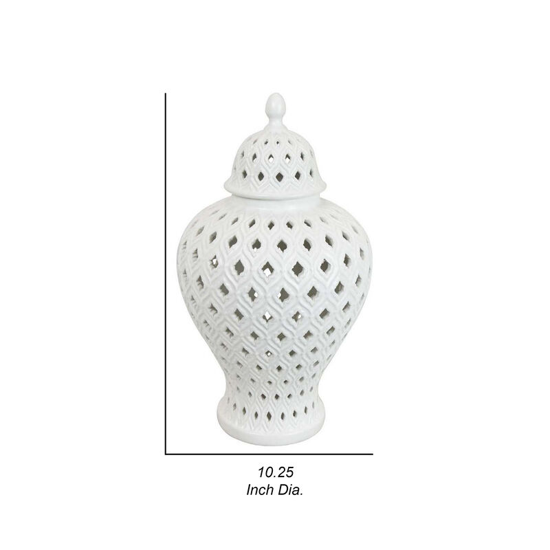 Deni 18 Inch Temple Jar, Pierced, Carved Lattice Design, Lid, White - Benzara