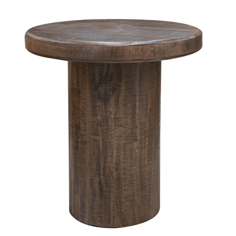 Ino 24 Inch Side End Table, Mango Wood, Rustic Brown, Thick Pedestal Stand-Benzara