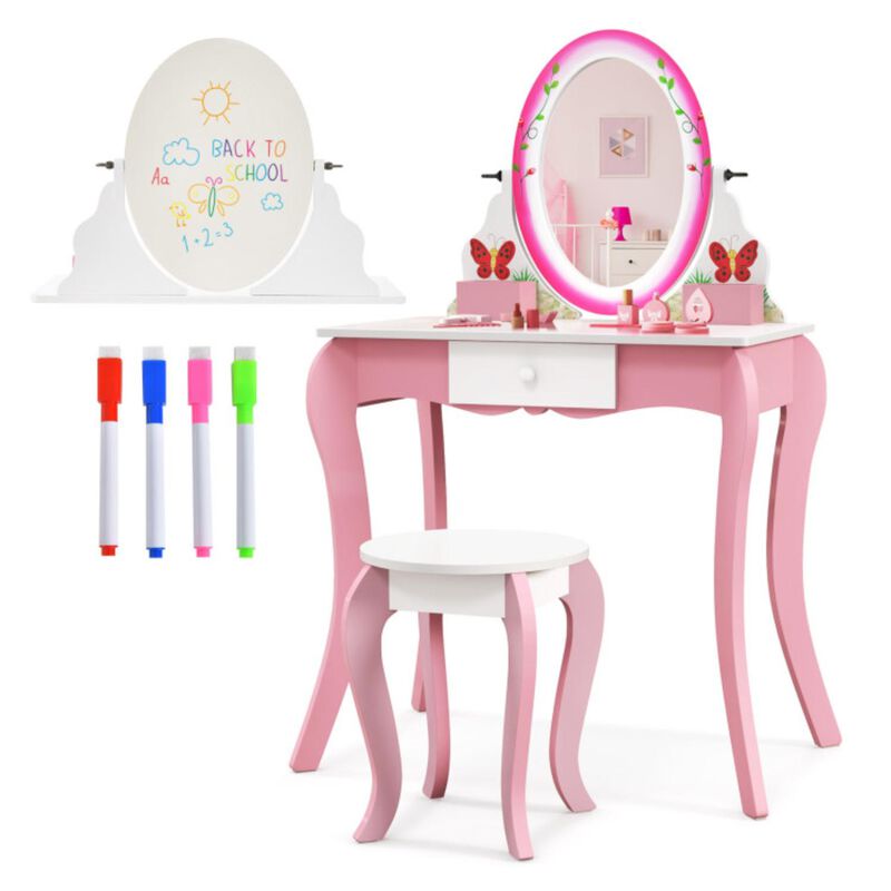 Hivvago Kids Vanity Table and Stool Set with 360° Rotating Mirror and Whiteboard-Pink