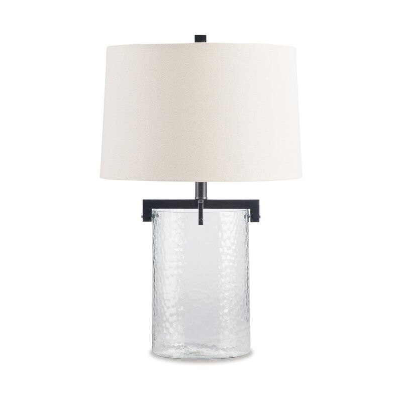 25 Inch Table Lamp, White Drum Shade, Clear Glass Base, Black Metal Frame - Benzara