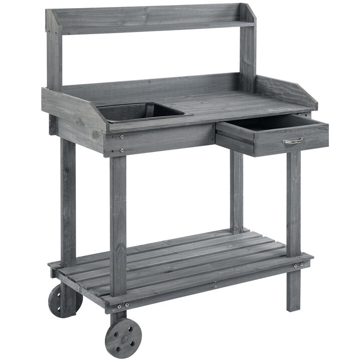 Outsunny 36'' Wooden Potting Bench Work Table with 2 Removable Wheels, Sink, Drawer & Large Storage Spaces, Gray