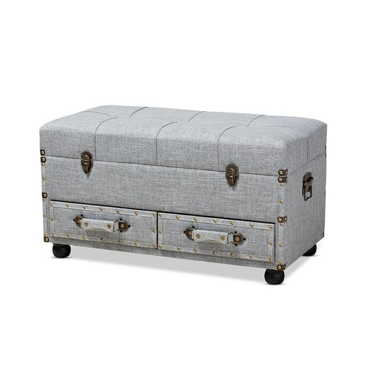 Flynn Modern Transitional Grey Fabric Upholstered 2-Drawer Storage Trunk Ottoman