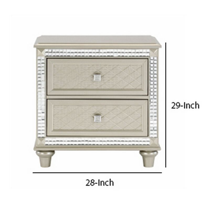 Juhi 29 Inch Nightstand, 2 Drawers, Acrylic Crystal Accents, Silver Trim-Benzara