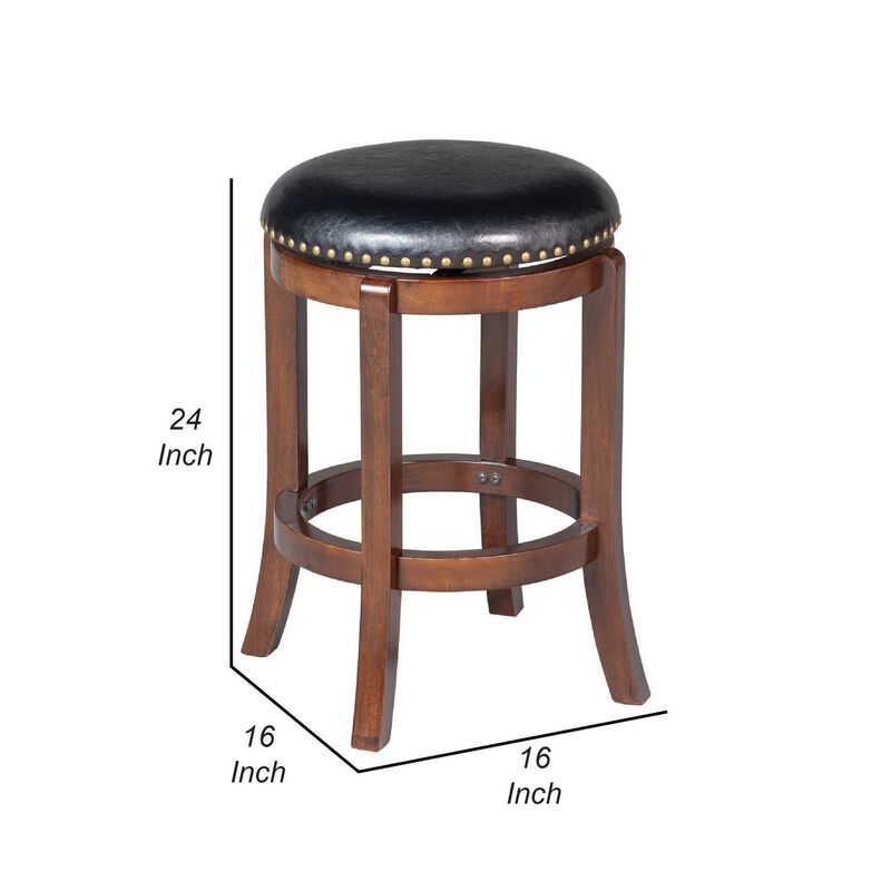 Ovi 24 Inch Wooden Swivel Counter Stool, Faux Leather Seat, Walnut Brown - Benzara
