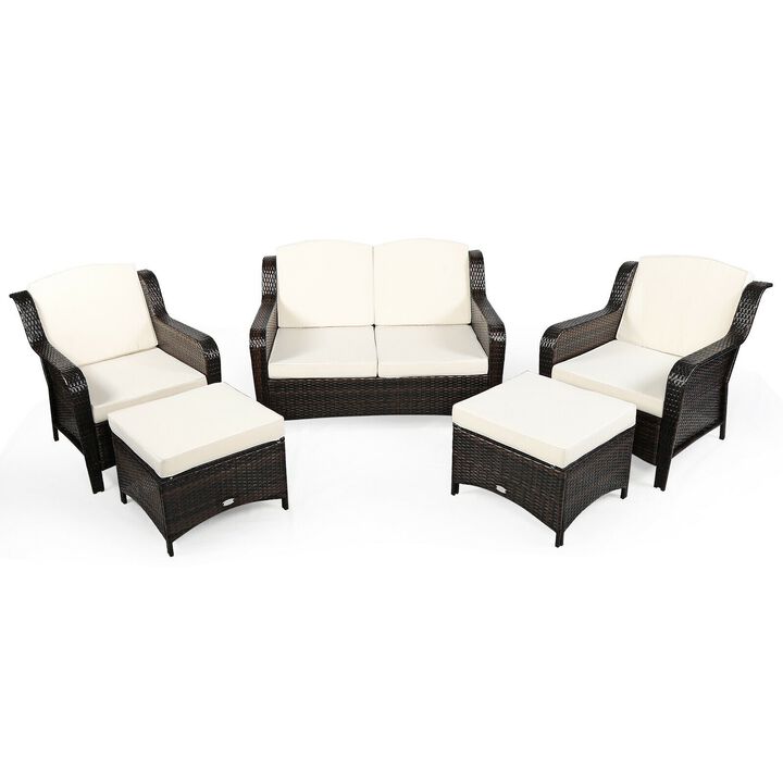 5 Pieces Patio Rattan Sofa Set with Cushion and Ottoman