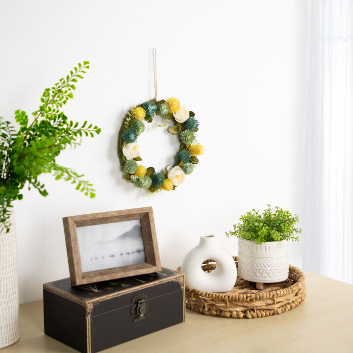 9" Cream Rose  Green and Yellow Thistle Hanging Spring Wreath