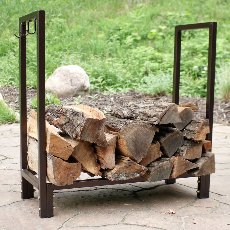 Sunnydaze 30 in Steel Firewood Log Rack with Fireplace Tool Hooks