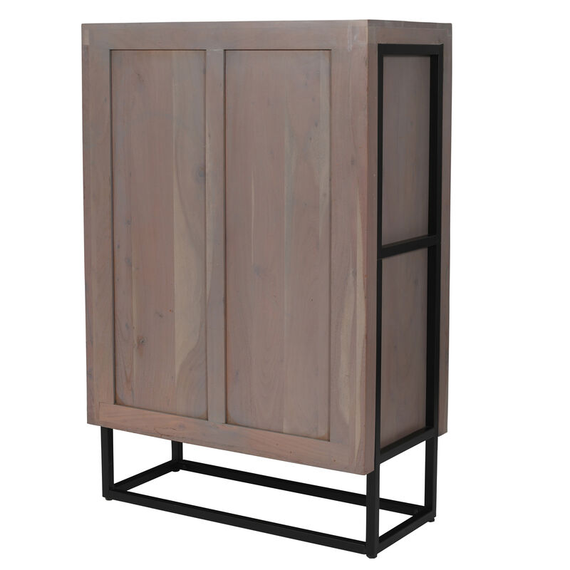 52 Inch Wine Bar Cabinet with Built in Stemware Rack, Bottle Holder in Gray Acacia Wood, Black Iron Metal