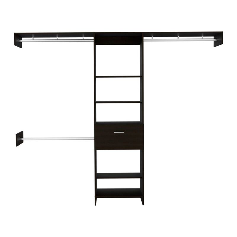 DEPOT E-SHOP Brisk Closet System, One Drawer, Three Metal Rods, Five Open Shelves, Black