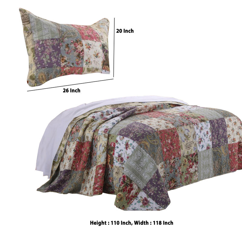 Chicago 3 Piece Fabric Queen Bedspread Set with Jacobean Prints, Multicolor - Benzara