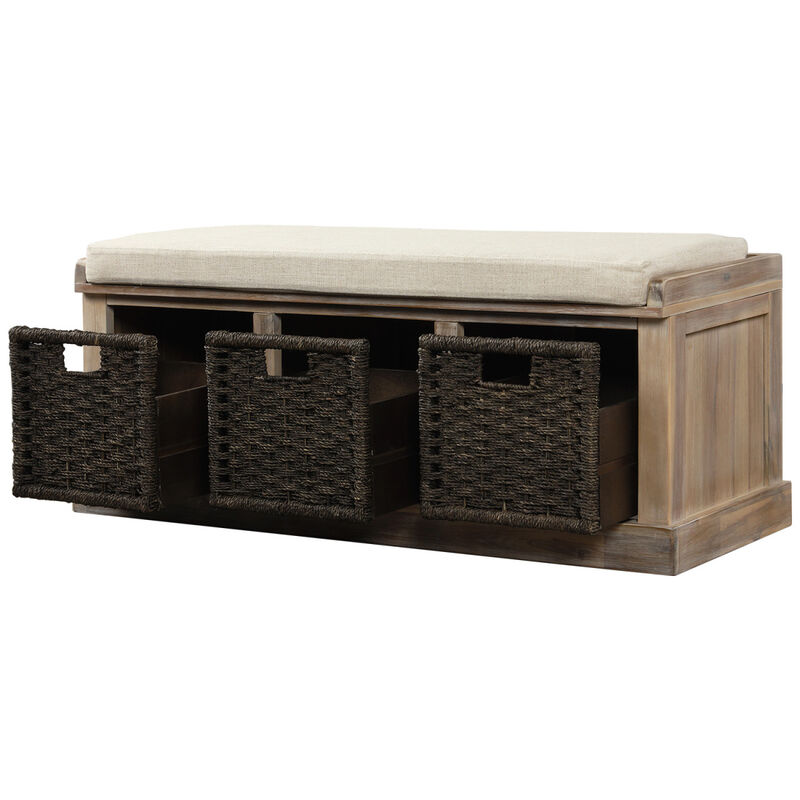 Rustic Storage Bench With 3 Removable Classic Rattan Basket, Entryway Bench