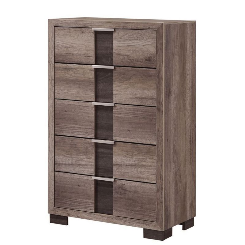 Rangley 47 Inch Tall Dresser Chest, Wood, 5 Drawers, Metal Handles, Brown - Benzara