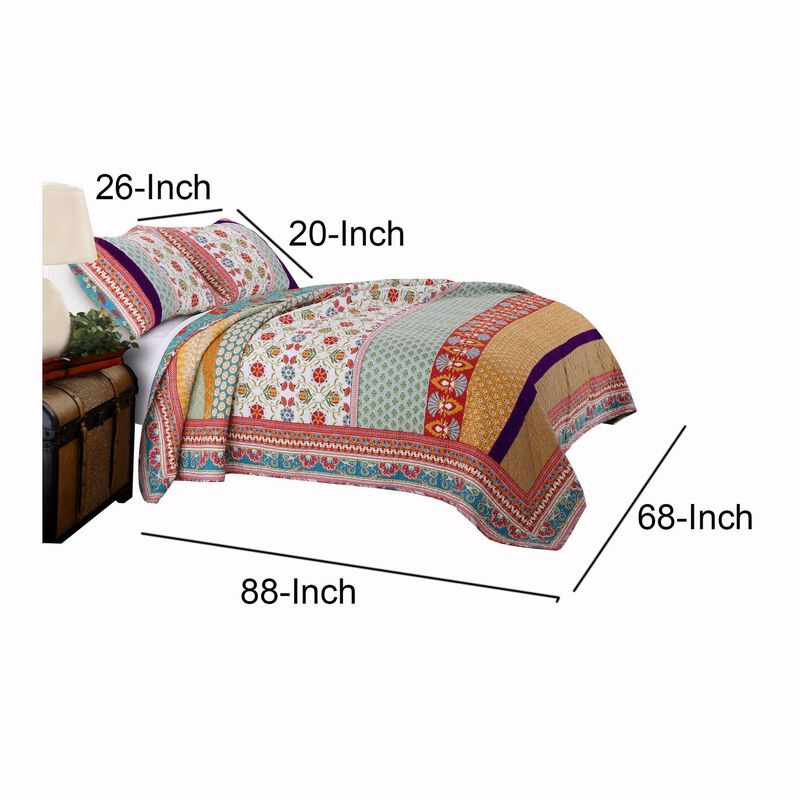 Geometric and Floral Print Twin Size Quilt Set with 1 Sham, Multicolor - Benzara