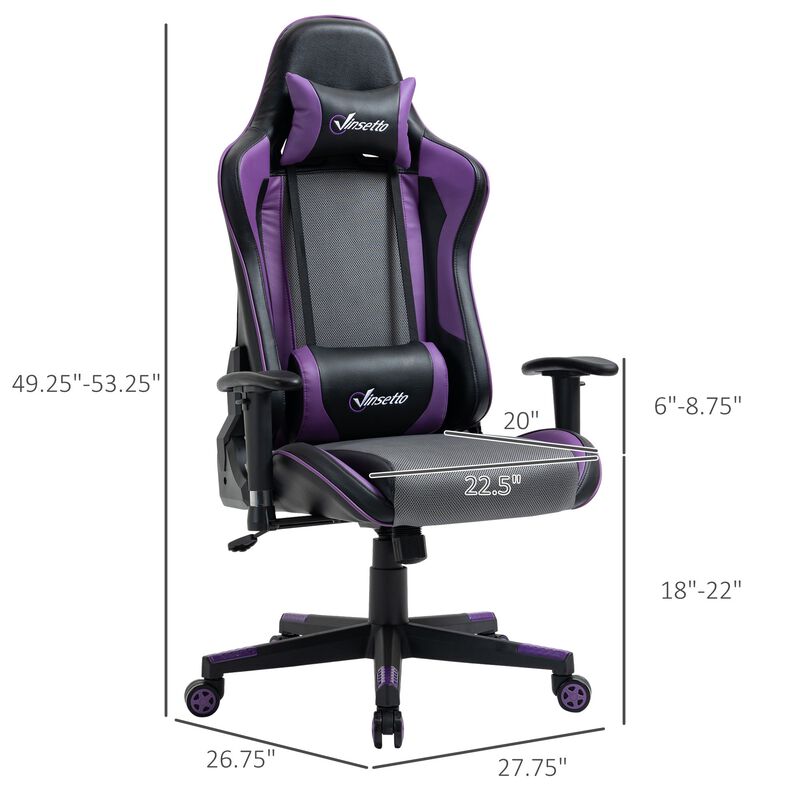 Black/Grey/Purple Ergonomic Gaming Office Chair: High Back Chair with Adjustable Height, Swivel Recliner, Head, and Lumbar Support
