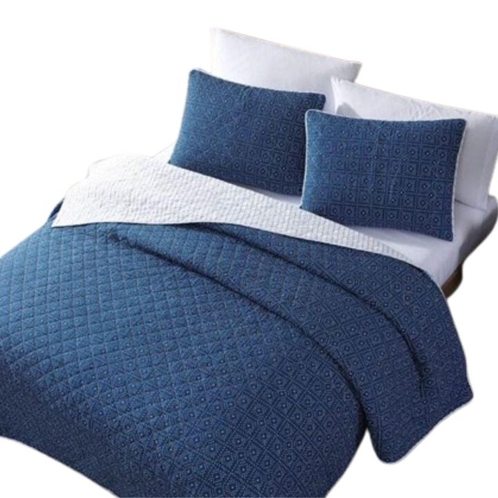 Hivvago Twin Size Blue White Dots and Stripes 100 Percent Cotton Reversible Quilt Set
