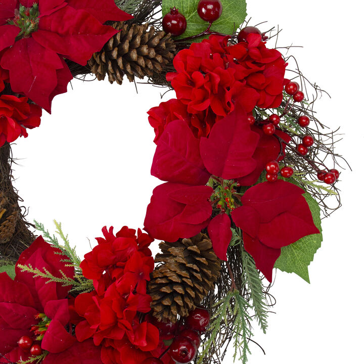 Red Poinsettia and Hydrangea Flowers with Berries Artificial Christmas Wreath - 24-Inch  Unlit