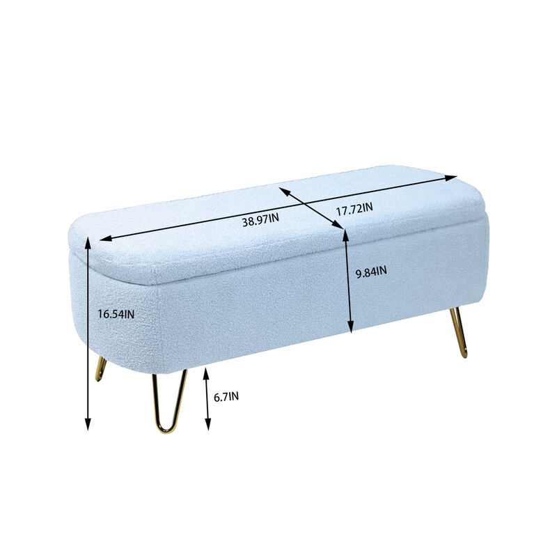 Blue Storage Ottoman Bench for End of Bed Gold Legs, Modern Grey Faux Fur Entryway Bench Upholstered Padded with Storage for Living Room Bedroom