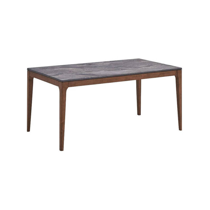 Evis 63 Inch Dining Table, Marble Grain Faux Stone Top, Walnut Brown Wood - Benzara