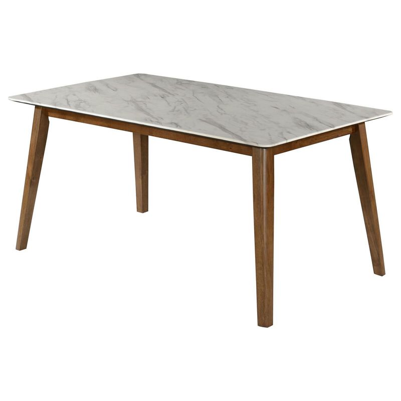 63 Inch Dining Table, Faux Marble Finish, Asian Hardwood, Light Brown  - Benzara