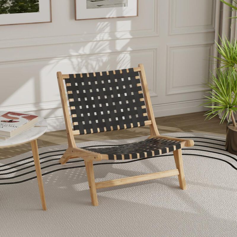 Hivvago Modern Armless Teak Wood Lounge Chair with Nylon Woven Backrest and Seat