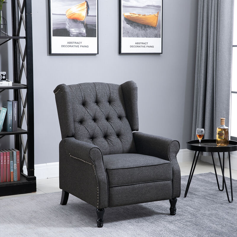 HOMCOM Fabric Upholstered Wingback Recliner, Tufted Push Back Accent Chair, Linen Arm Chair with Footrest, Armrest, Padded Cushion, Dark Grey
