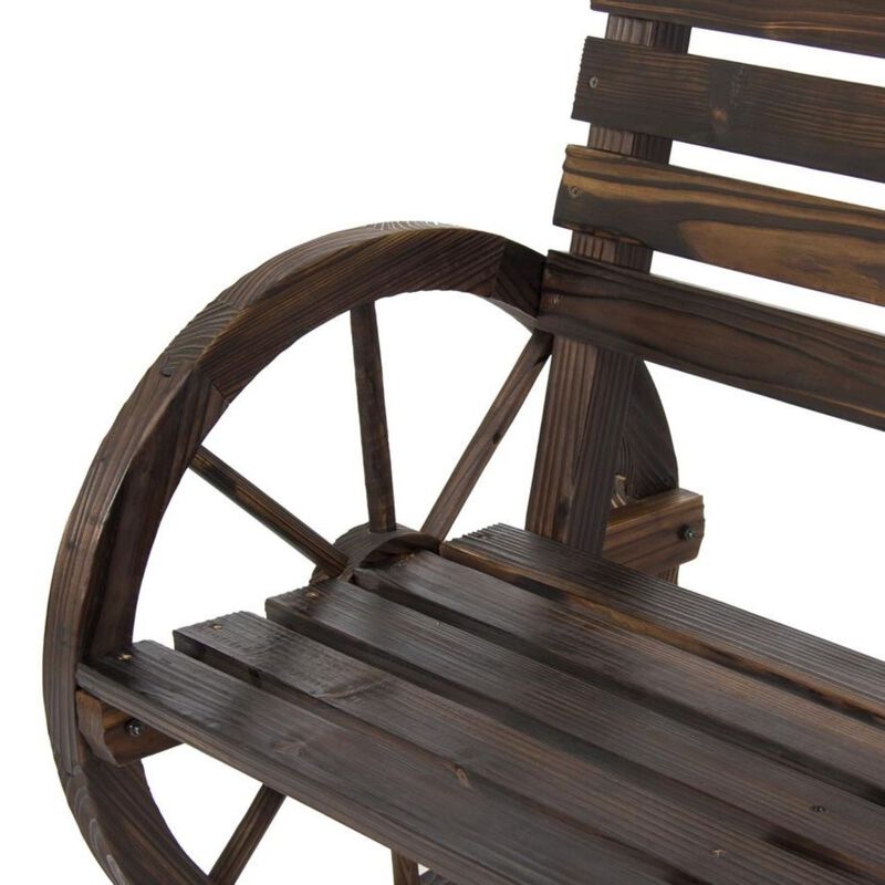 Hivvago 2 Person Farmhouse Wagon Wheel Wooden Bench