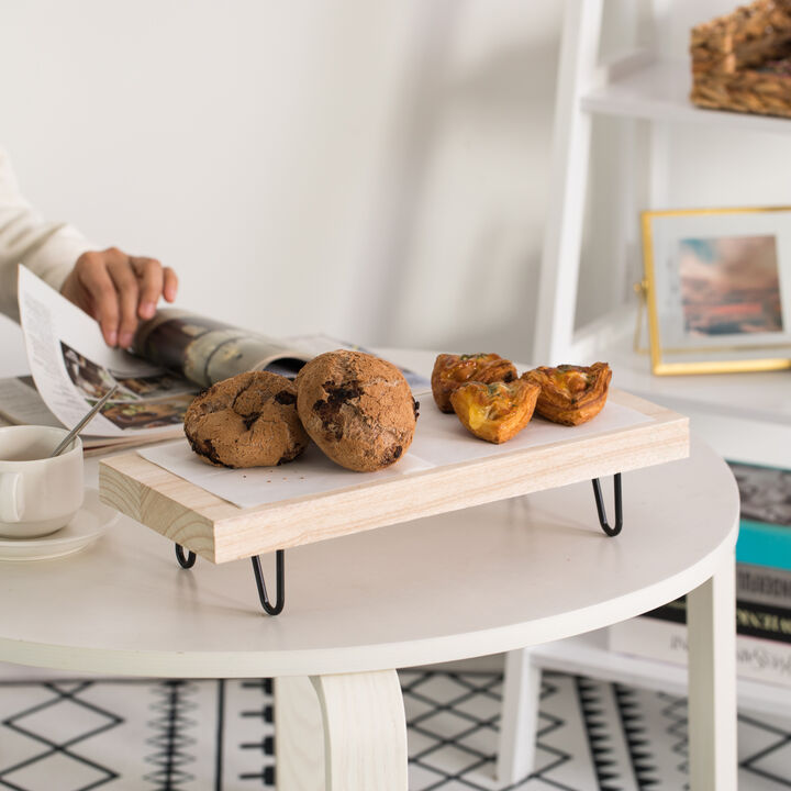 Decorative Natural Wood Rectangular Tray Serving Board with Black Metal Stand