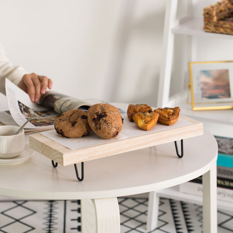 Decorative Natural Wood Rectangular Tray Serving Board with Black Metal Stand