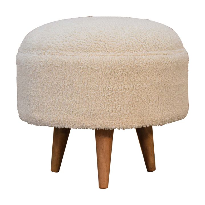 Cream Boucle  Solid Wood Rounded Footstool