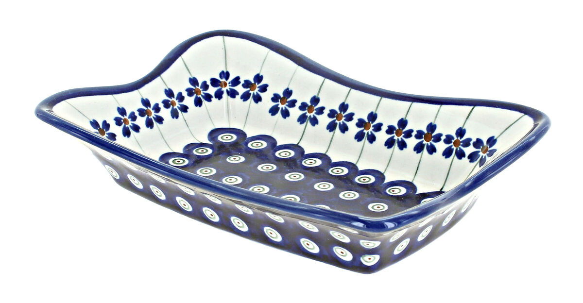 Blue Rose Polish Pottery Flowering Peacock Small Rectangular Tray