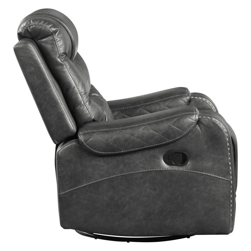 Paul 38 Inch Manual Swivel Glider Recliner Chair, Gray Faux Leather - Benzara