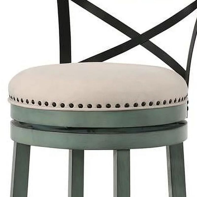 Vesper 31 Inch Swivel Barstool Chair Set of 2, Beige Seat, Green Wood Frame - Benzara