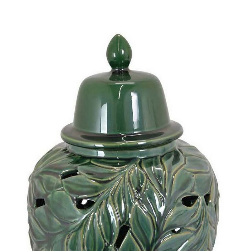 Heni 19 Inch Ceramic Temple Jar with Lid, Cut Out Leaf Motifs, Green Finish - Benzara