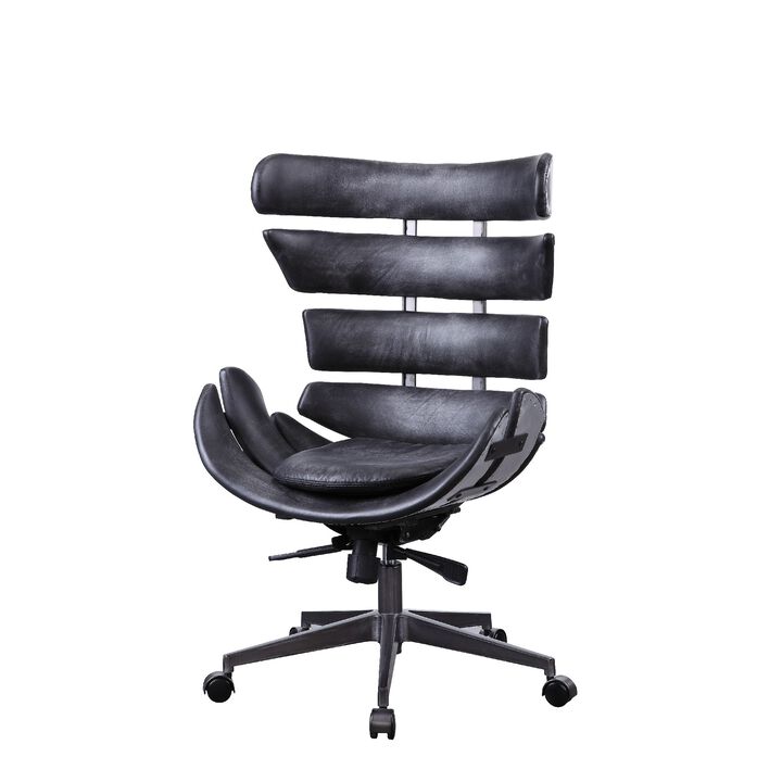 Metal Framed Wingback Office Chair with Leatherette Upholstered Horizontal Panels, Black and Gray - Benzara