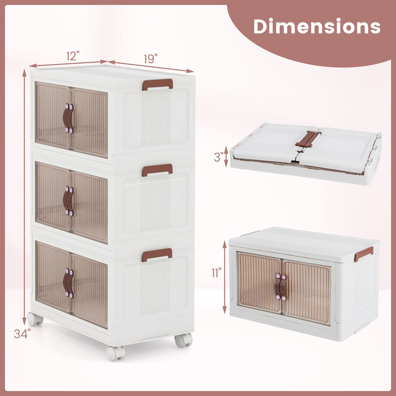 3-Tier Stackable Storage Boxes Bins with Magnetic Doors and Lockable Casters