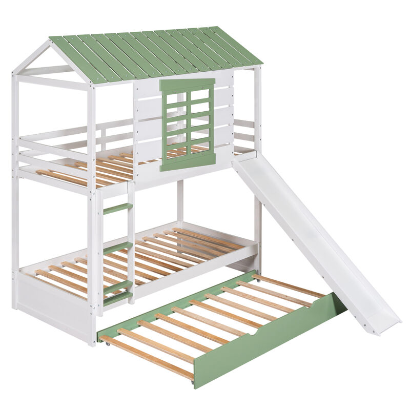 Twin Over Twin Size House Bunk Bed With Convertible Slide And Trundle